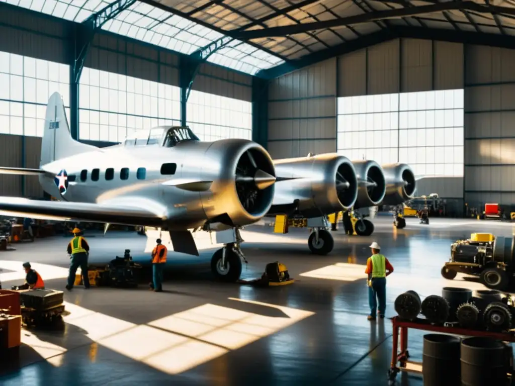 Antigua hangar con mecánicos trabajando en una turbina de gas en la aviación, iluminados por la luz del sol