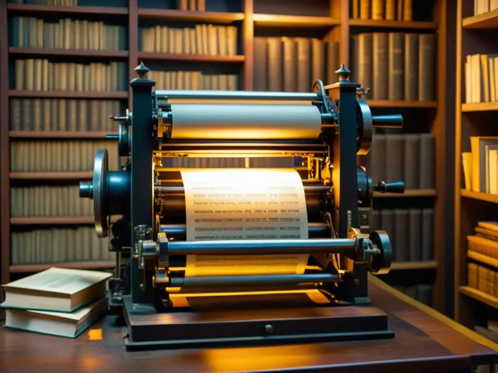 Una antigua imprenta iluminada por una tenue luz, con el cálido brillo de las letras metálicas y el suave olor a tinta en el aire