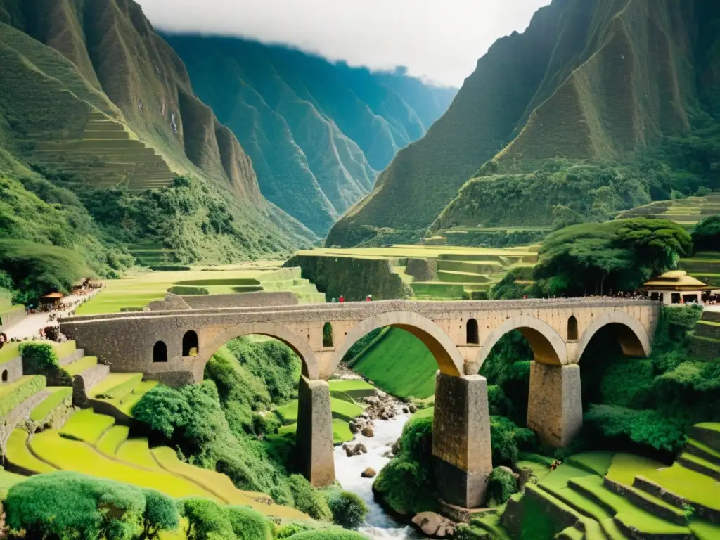 Antigua infraestructura de transporte en el imperio Inca: puente de piedra en paisaje montañoso exuberante