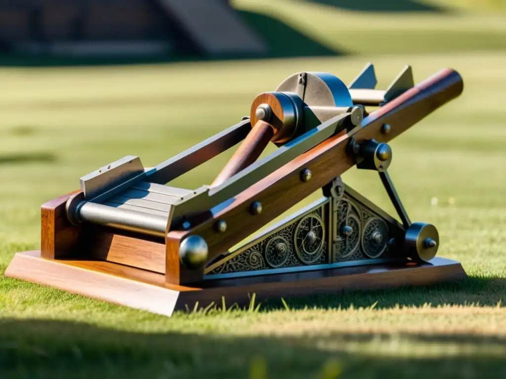 Una antigua catapulta lista para la batalla, con soldados y detalles de madera y metal