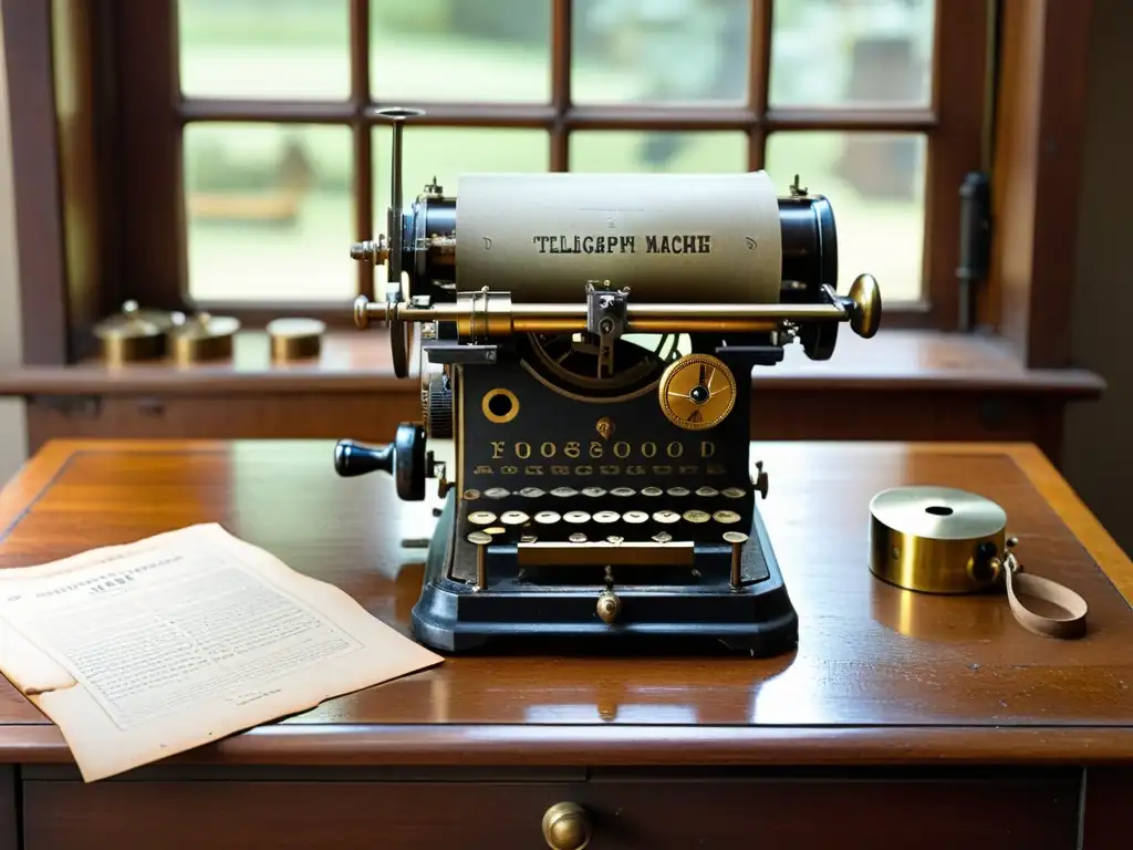 Una antigua máquina de telegrafía en un escritorio de madera, rodeada de fotos sepia de soldados