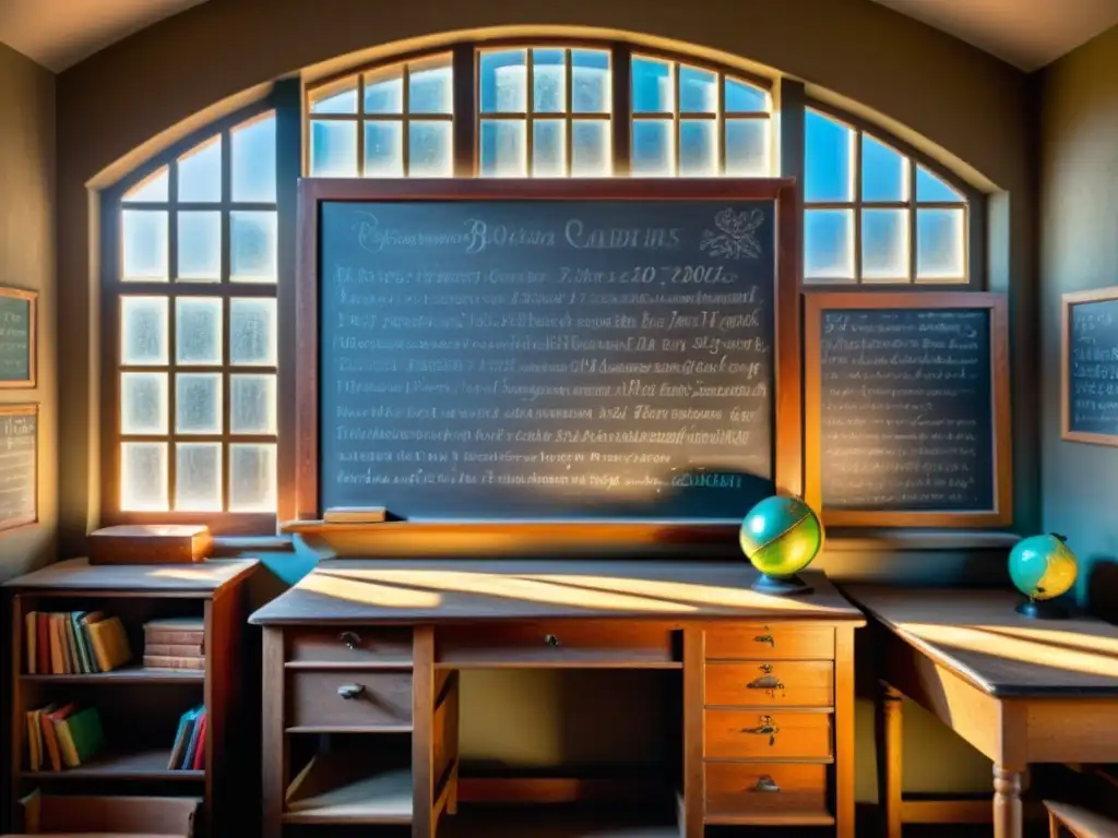 Antiguo encanto educativo: pizarrón y libros vintage Antigua pizarra con dibujos y escritura en tiza, rodeada de materiales didácticos vintage, iluminada por la cálida luz de la tarde
