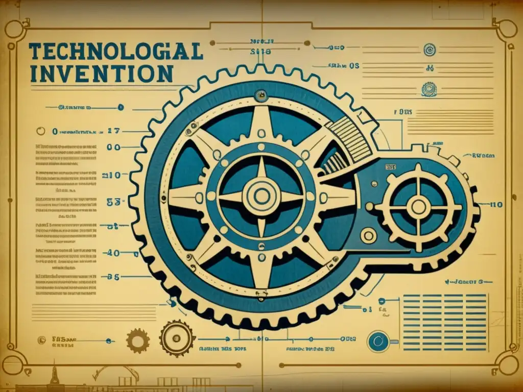 Antigua ilustración de un plano detallado de una invención tecnológica, con tonos sepia y textura de papel envejecido