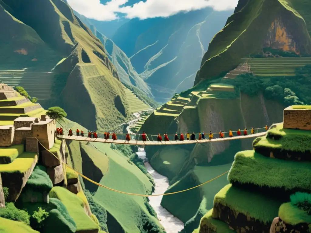 Antigua ilustración de un puente inca de cuerda sobre un profundo cañón, con montañas verdes exuberantes al fondo