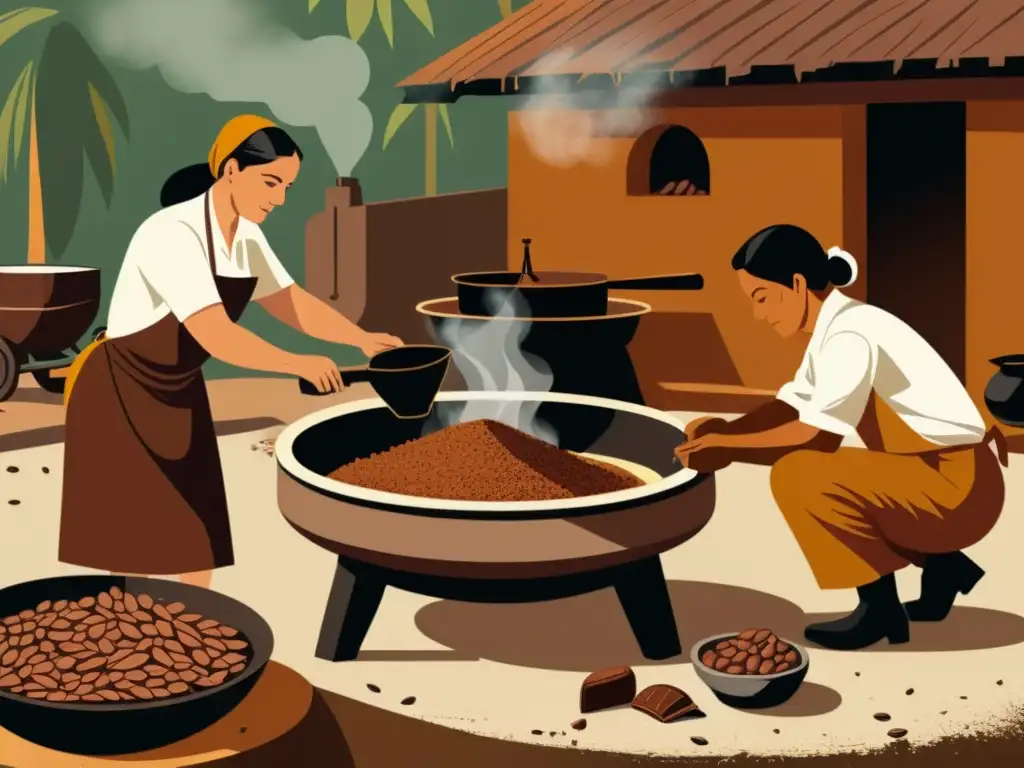 Antigua ilustración de la evolución tecnológica del chocolate, con cacao tostado en fuego abierto y artesanos moliendo granos en metates de piedra