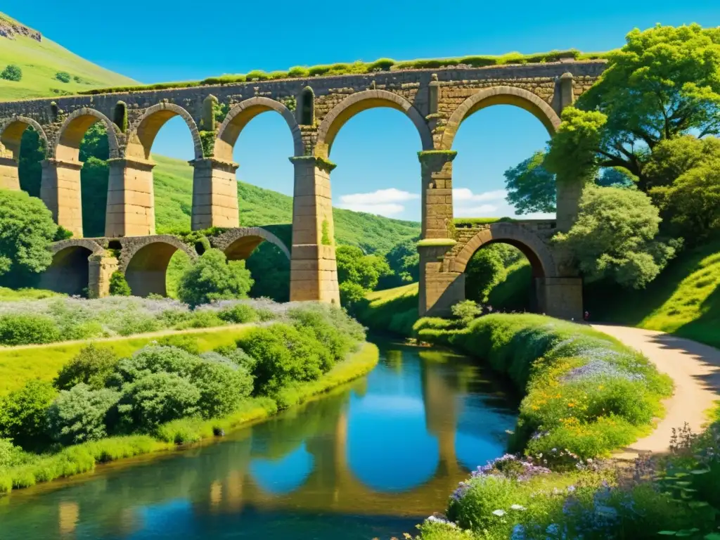 Un antiguo acueducto en un paisaje verde exuberante, con arcos de piedra y un río sereno reflejando el cielo