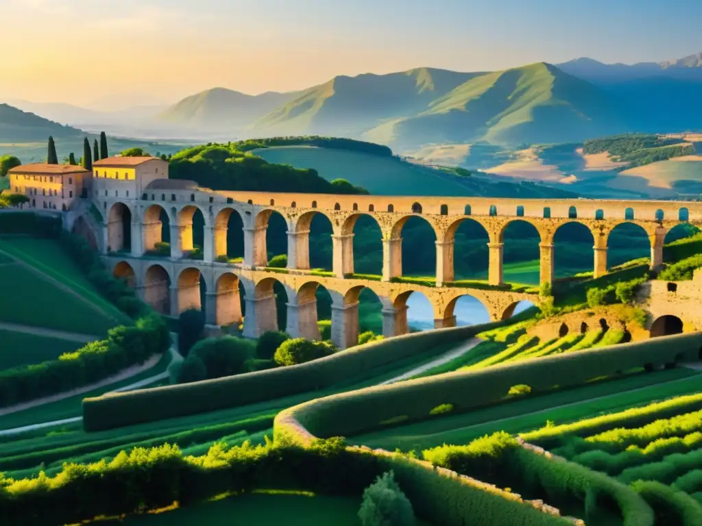 Antiguo acueducto romano en paisaje verde con puesta de sol sobre montañas