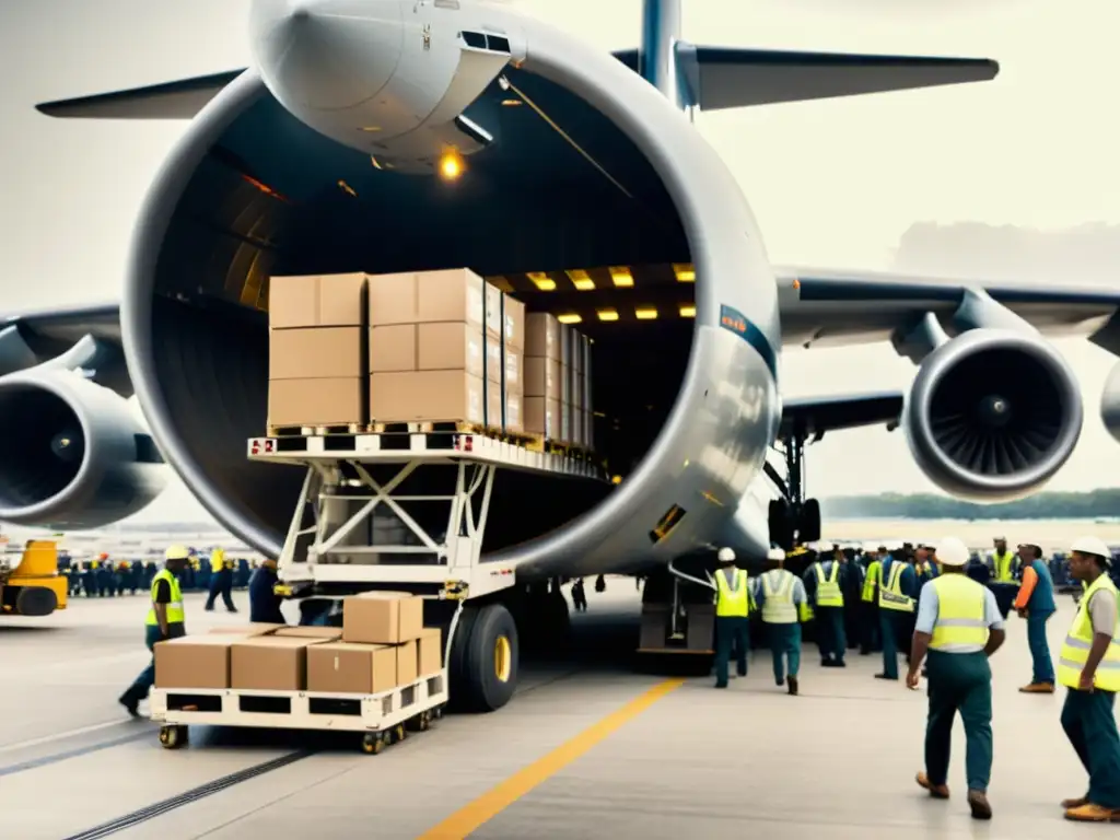 Un antiguo avión de carga gigante es cargado por trabajadores, transmitiendo la historia de los aviones de carga gigantes