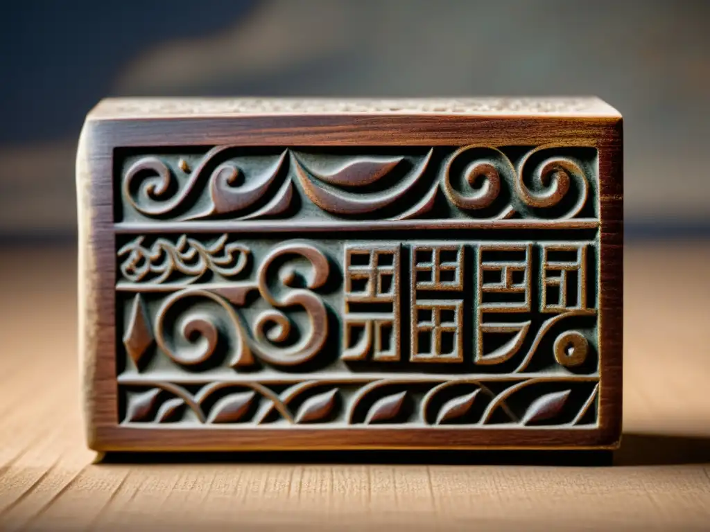 Antiguo bloque de impresión de madera con detalles de caligrafía y diseños ornamentados, evocando el origen e historia de la imprenta en Asia