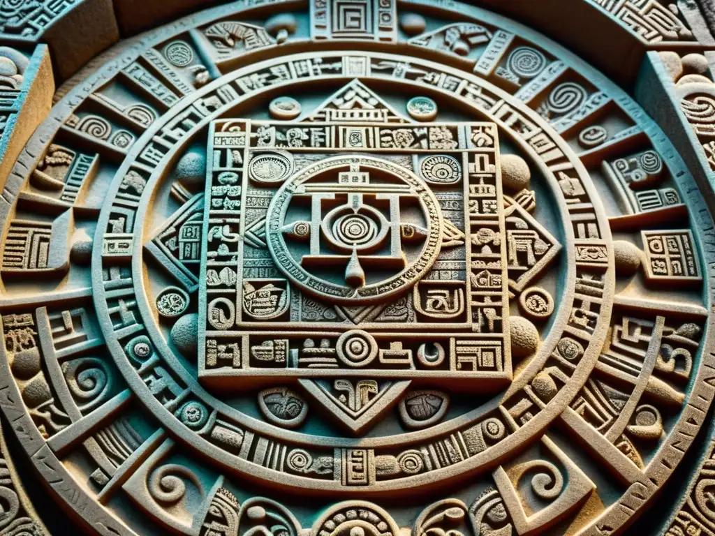 Antiguo calendario Maya tallado con símbolos y patrones detallados, emitiendo sabiduría ancestral