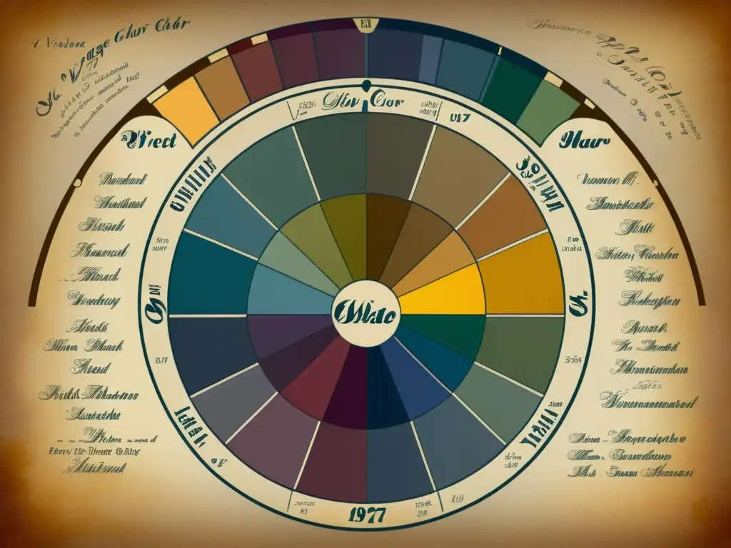 Un antiguo diagrama de rueda de colores con tonos profundos y detalles elaborados, rodeado de herramientas artísticas