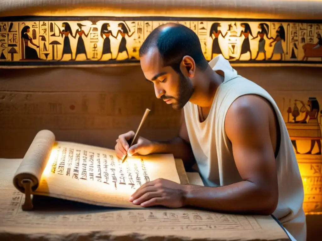 Un antiguo escriba egipcio inscribe jeroglíficos en un papiro, iluminado por lámparas de aceite en una cámara tenue