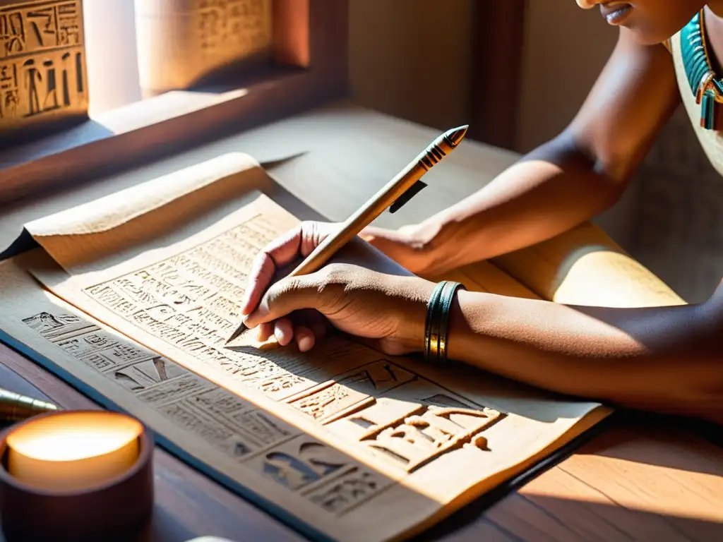 Un antiguo escriba egipcio inscribe jeroglíficos en un papiro con pluma y tinta, evocando la historia de la escritura en papiro