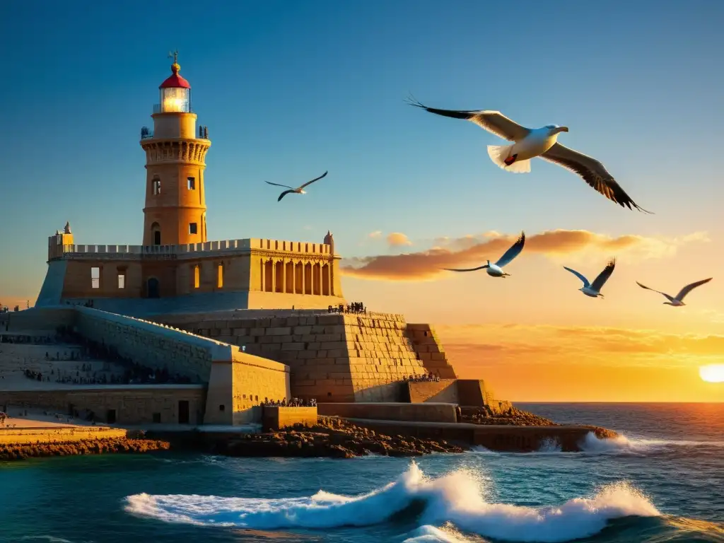 El antiguo Faro de Alejandría se alza majestuoso contra el vibrante atardecer, mostrando su intrincado diseño arquitectónico y el paisaje marino