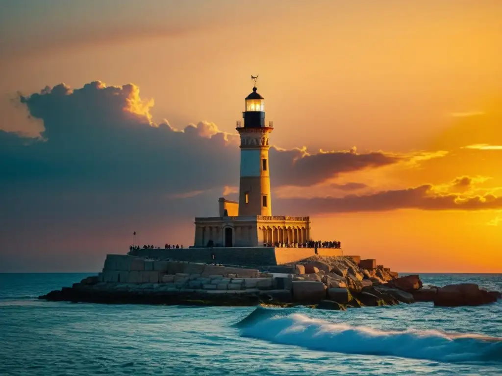 El antiguo faro de Alejandría se alza majestuoso sobre el mar, iluminado por un impresionante atardecer