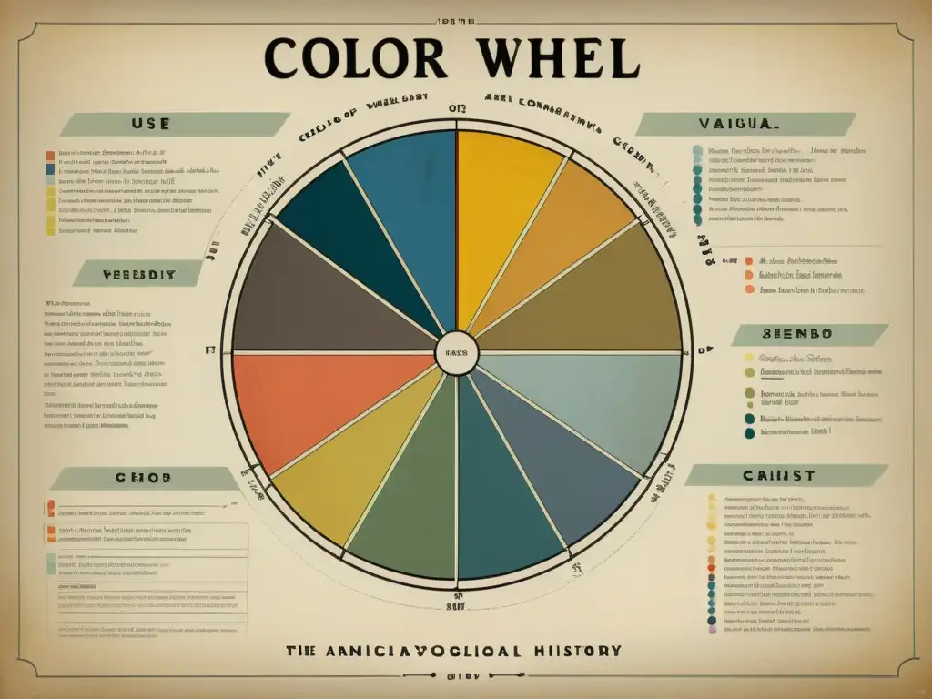 Antiguo gráfico de rueda de colores con descripciones psicológicas y emocionales