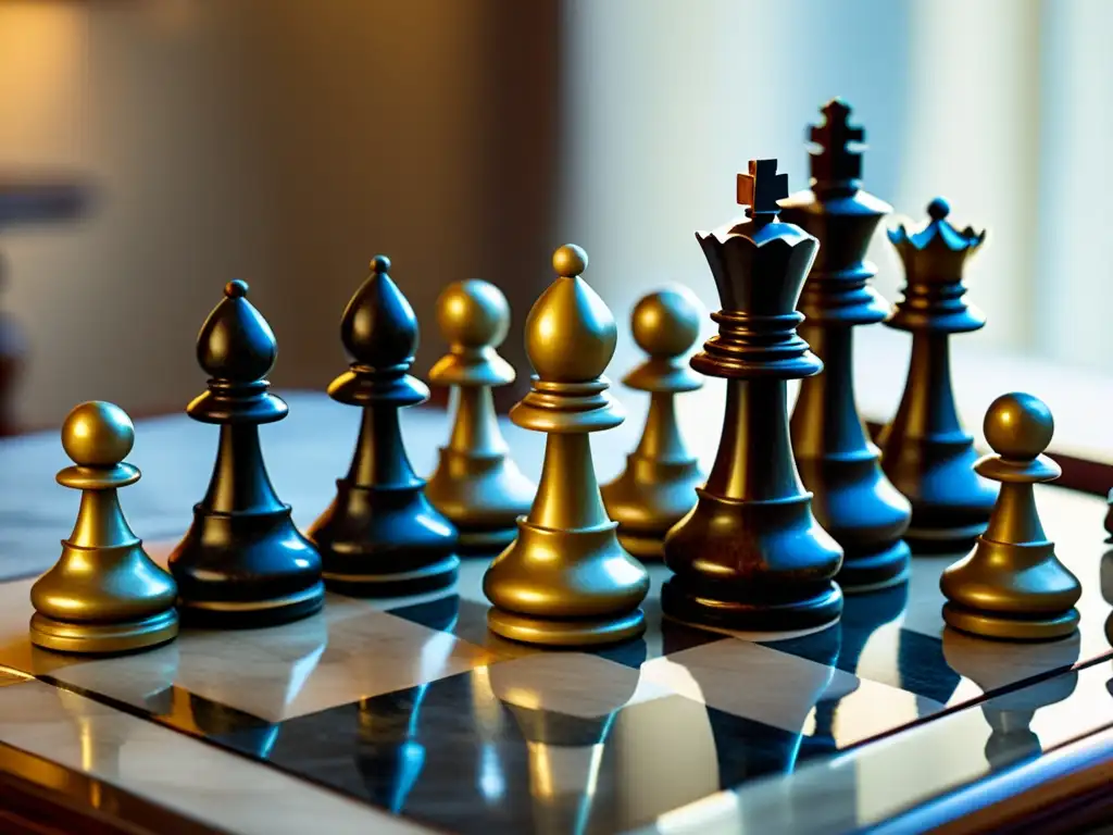 Un antiguo juego de ajedrez en un tablero de mármol, iluminado por luz dorada