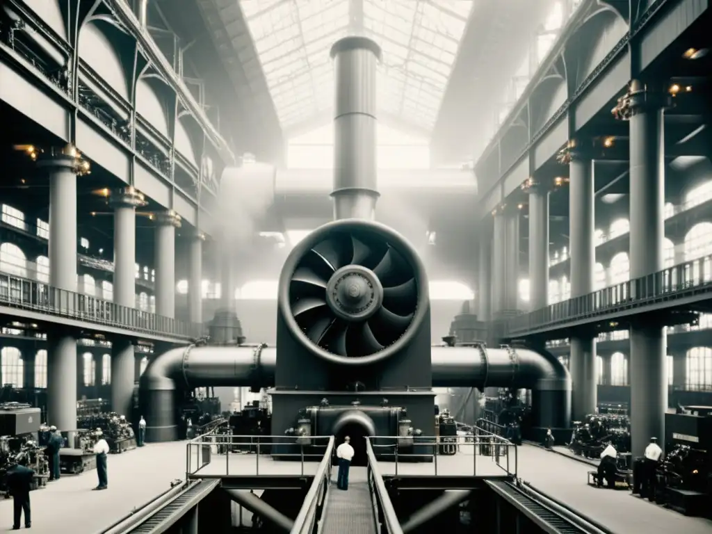 Un antiguo y majestuoso motor de vapor industrial en una planta de energía, evocando asombro y maravilla ante la ingeniería de la tecnología de vapor