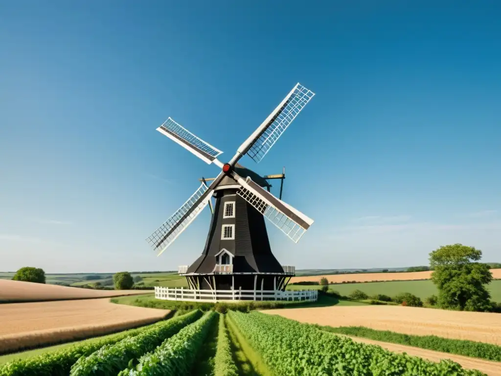 Un antiguo molino de viento se alza majestuoso en medio de un paisaje campestre