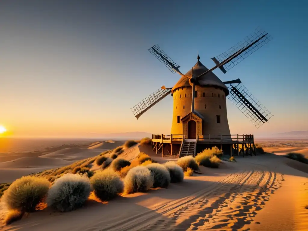 Un antiguo molino de viento persa en un paisaje desértico, con sus aspas de madera captando la luz dorada del atardecer