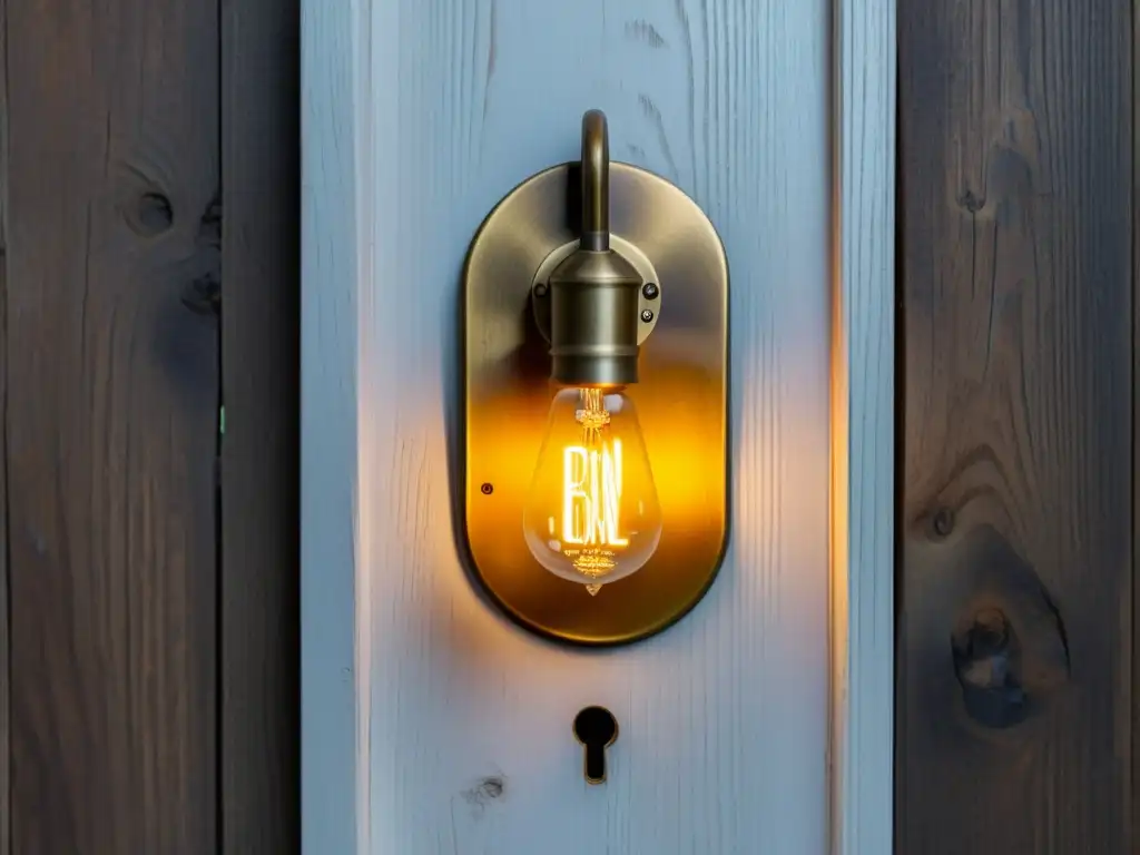 Antiguo ojo de cerradura de latón rodeado de madera desgastada, iluminado por una cálida bombilla Edison, evocando protección de datos en domótica