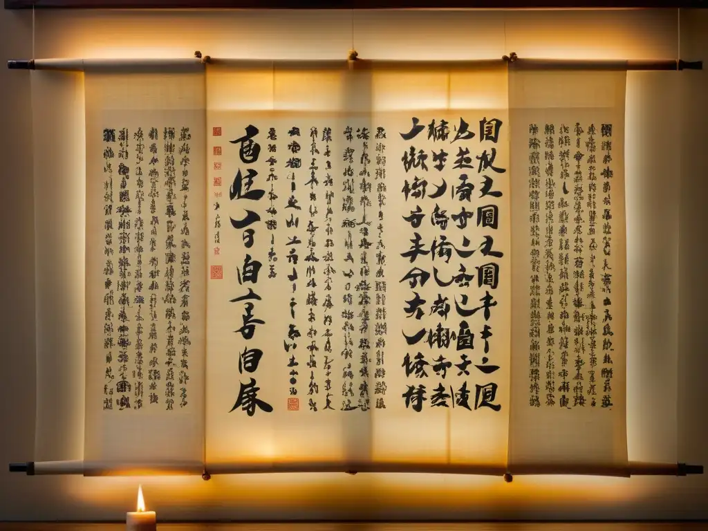 Antiguo pergamino de caligrafía china iluminado por velas revelando secretos de la historia y la cultura china