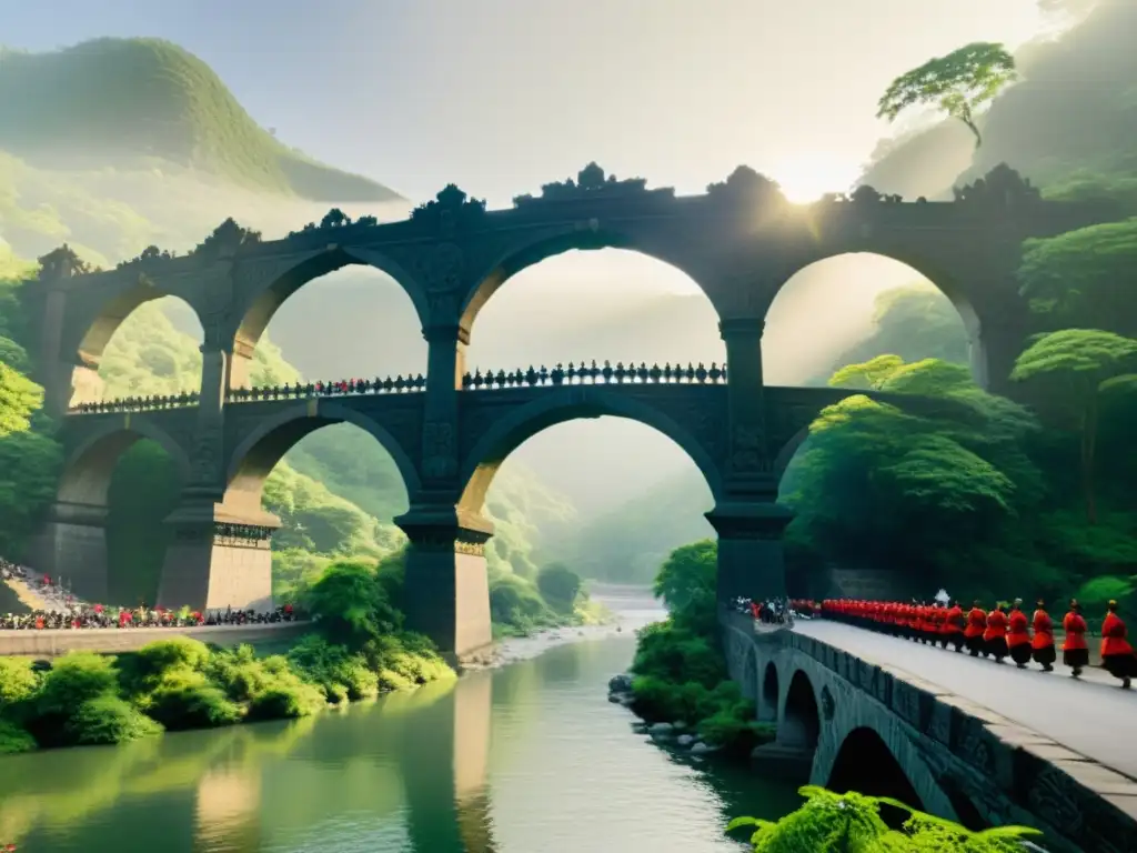 Puente de piedra majestuoso en paisaje asiático Antiguo puente arco adornado con estatuas en Asia