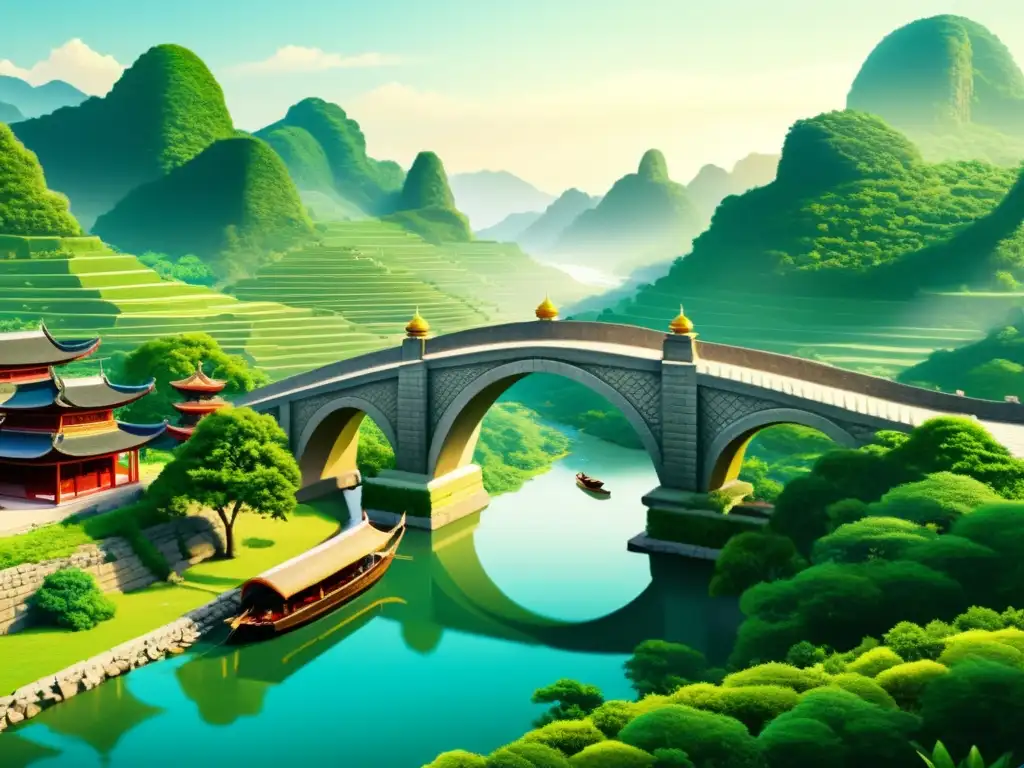 Antiguo puente de piedra en un valle sereno de Asia Un antiguo puente de arco asiático con actividad comercial, rodeado de paisaje sereno y pagodas