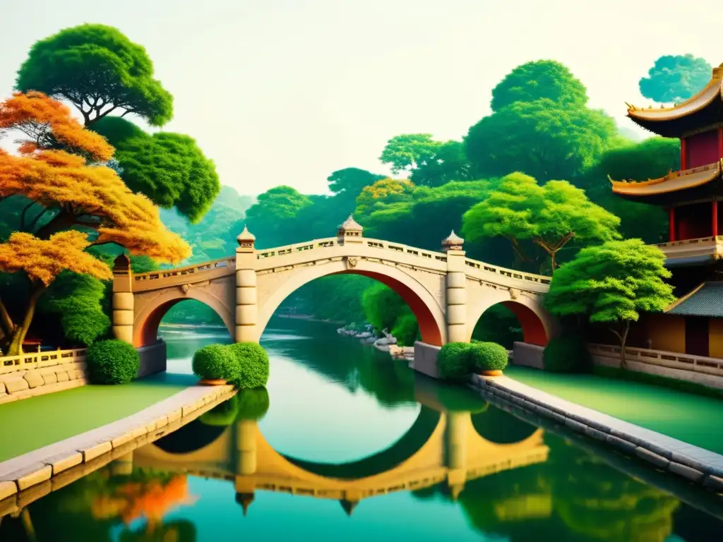 Antiguo puente de piedra: belleza asiática Un antiguo puente de arco en Asia, con exquisitas esculturas y una atmósfera histórica y serena