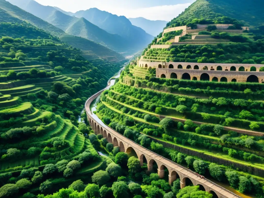 Antiguo sistema de acueductos en un valle exuberante, con canales y arcos de piedra, mostrando la gestión del agua en civilizaciones antiguas