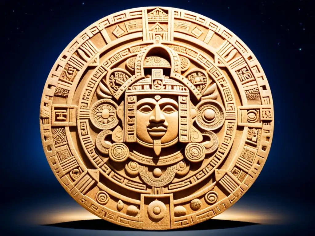 Antiguo tallado en piedra del calendario Azteca, con astros y patrones geométricos, sobre un cielo estrellado