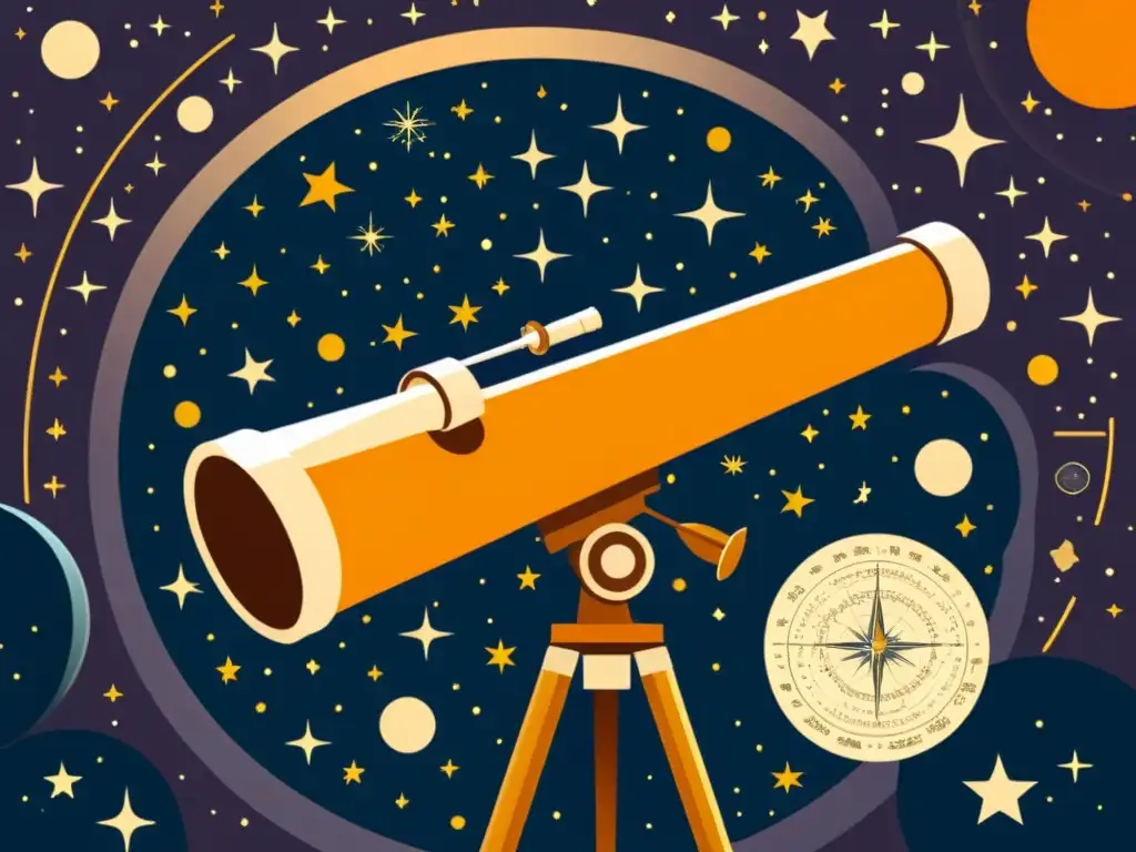 Un antiguo telescopio apunta al cielo nocturno, rodeado de instrumentos científicos y gráficos, evocando la influencia de algoritmos en la astronomía moderna