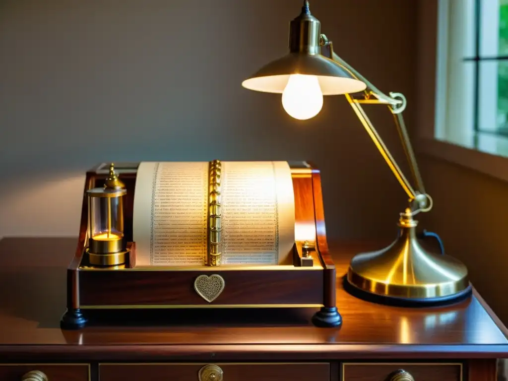 Antiguo electrocardiógrafo de latón y vidrio sobre mesa de caoba, iluminado por lámpara de escritorio