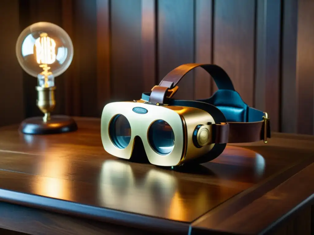 Antiguo visor de realidad virtual con detalles de bronce y cuero en una mesa de madera en una habitación nostálgica