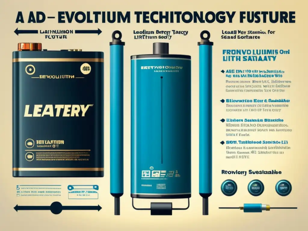 Anuncio vintage de evolución de tecnología de almacenamiento de energía histórica con baterías de plomo y litio, impactando la sostenibilidad