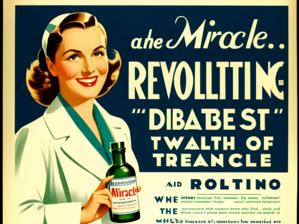 Anuncio vintage de los años 30 con un doctor sonriente sosteniendo una botella de insulina, revolucionando el tratamiento de la diabetes