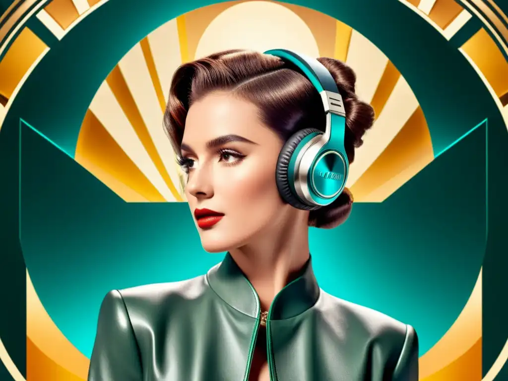 Un anuncio vintage de auriculares inalámbricos avanzados historia en un escenario glamuroso y futurista con elementos art déco y tipografía retro