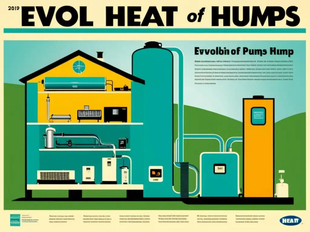 Anuncio vintage de bombas de calor: evolución desde bomba de agua manual hasta moderna y eficiente bomba de calor