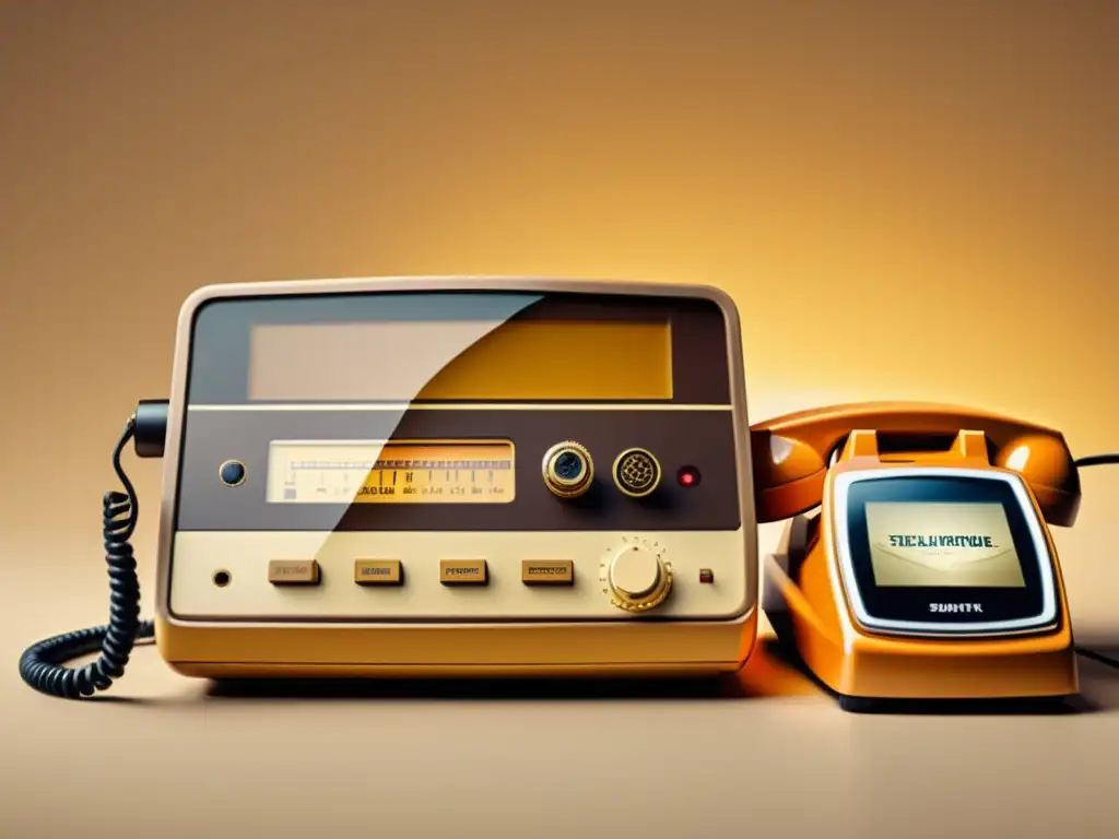 Conexión tecnológica: evolución de dispositivos electrónicos Un anuncio vintage que ilustra la evolución de la conectividad de dispositivos electrónicos, desde un teléfono clásico conectado a una computadora, hasta la integración de smartwatches con múltiples dispositivos inteligentes