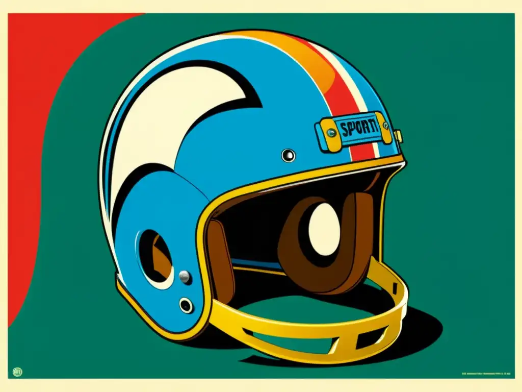 Anuncio vintage resaltando la importancia del casco deportivo con ilustración detallada y colores vibrantes