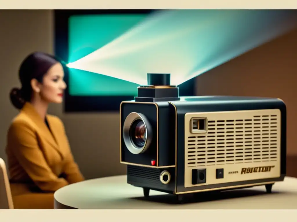 Un anuncio vintage muestra un mini proyector histórico, con detalles intrincados y tecnología innovadora