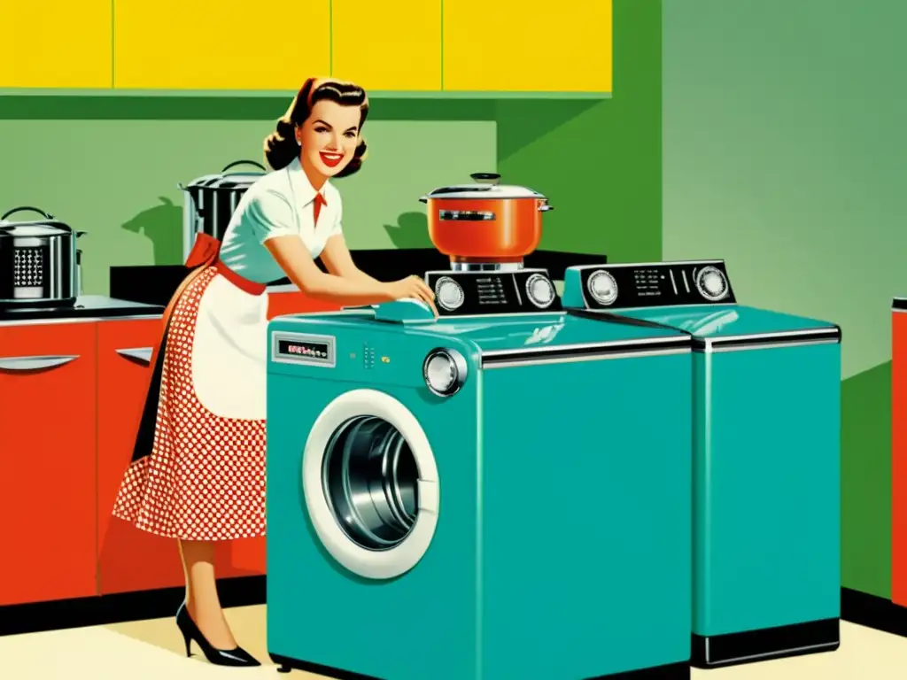 Anuncio vintage de los 50: mujer feliz usando lavadora automática rodeada de electrodomésticos modernos