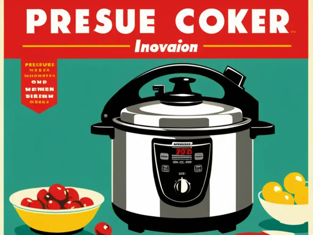 Anuncio vintage de olla a presión en cocina retro con innovación y aroma tentador