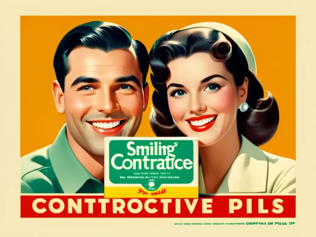 Anuncio vintage de pareja sonriente con anticonceptivos, impacto en la sociedad moderna