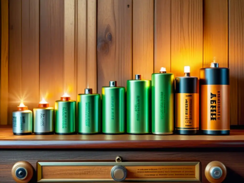 Anuncio vintage de la evolución de las pilas y baterías, con modelos antiguos en mesa de madera iluminada suavemente