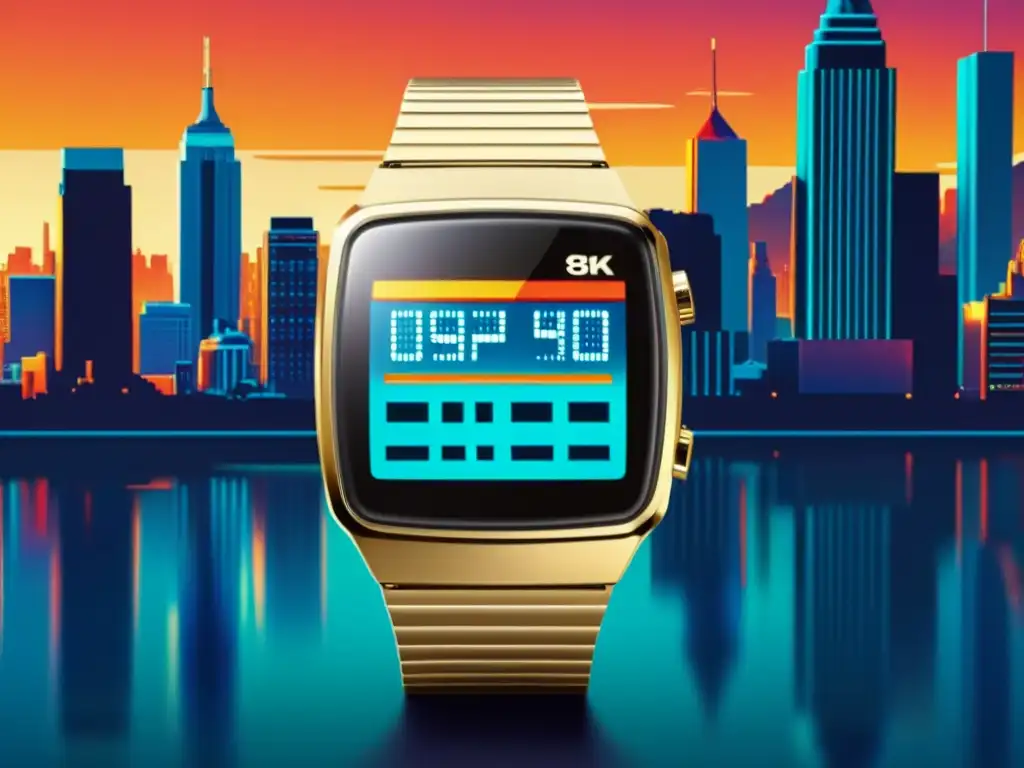 Un anuncio vintage de un smartwatch de los 80, con diseño futurista y funciones avanzadas, evocando la evolución del smartwatch historia