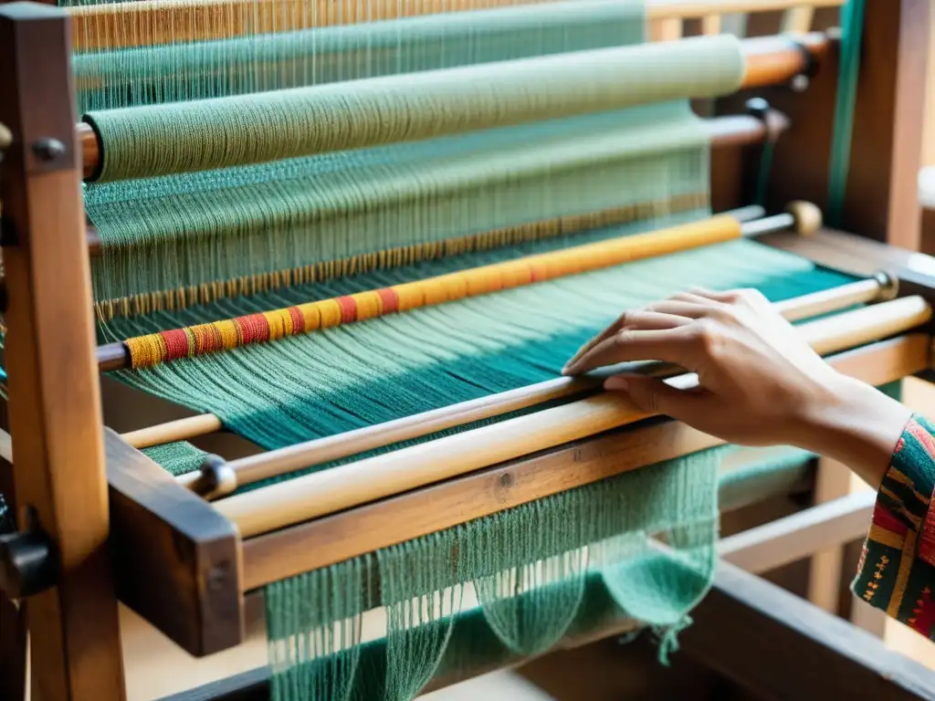 Artesanía en moda sostenible: Tejido vintage con textiles conciencia, manos hábiles entre hilos coloridos en telar antiguo