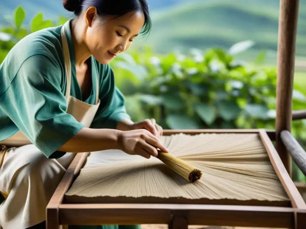 Un artesano chino antiguo vierte una mezcla de corteza de morera y agua sobre un marco de madera, creando la primera hoja de papel hecho a mano