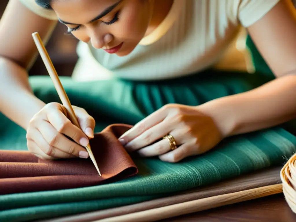 Un artesano hábil crea con cuidado un hermoso textil de forma tradicional, en tonos cálidos y detalles intrincados