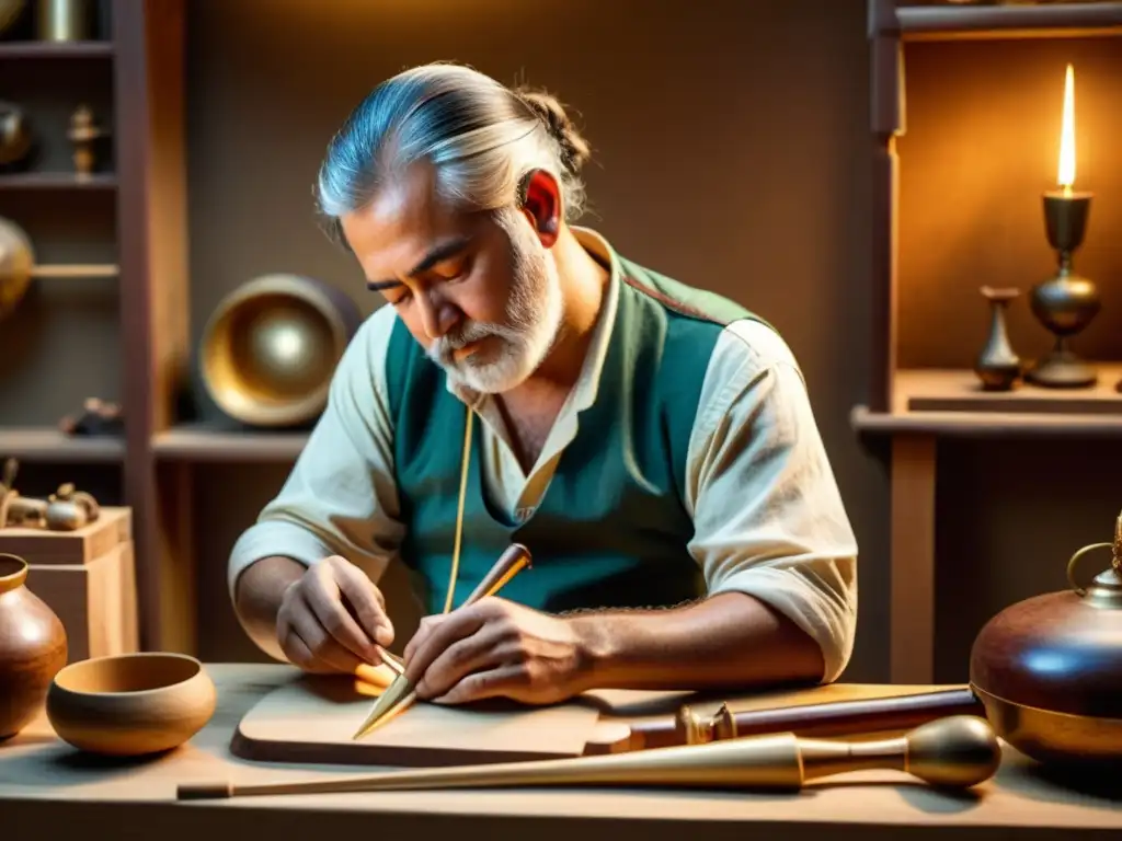 Un artesano hábil reconstruye instrumentos musicales históricos con herramientas tradicionales, rodeado de artefactos y referencias musicales antiguas